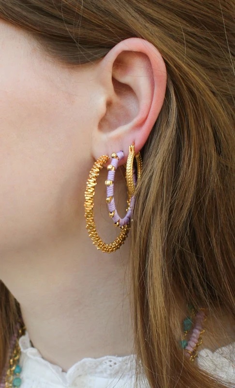 Gold Beads Threaded Hoop Earrings pink