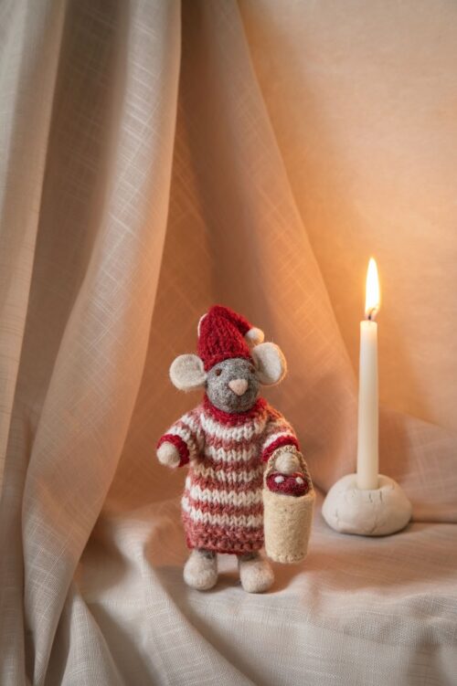 Hanger Vilt Muis met Jurk en Paddenstoel in mand