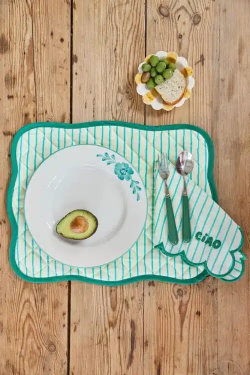 Quilted Placemat Mint Stripes / Green Edge